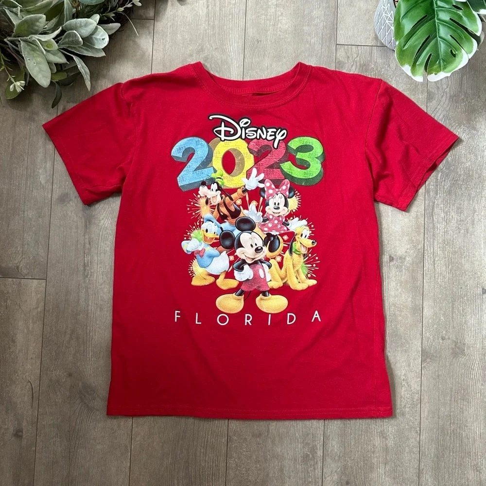 Disney 2023 Kids Red Graphic T-Shirt Florida Casual Graphic Mickey Minnie Donald